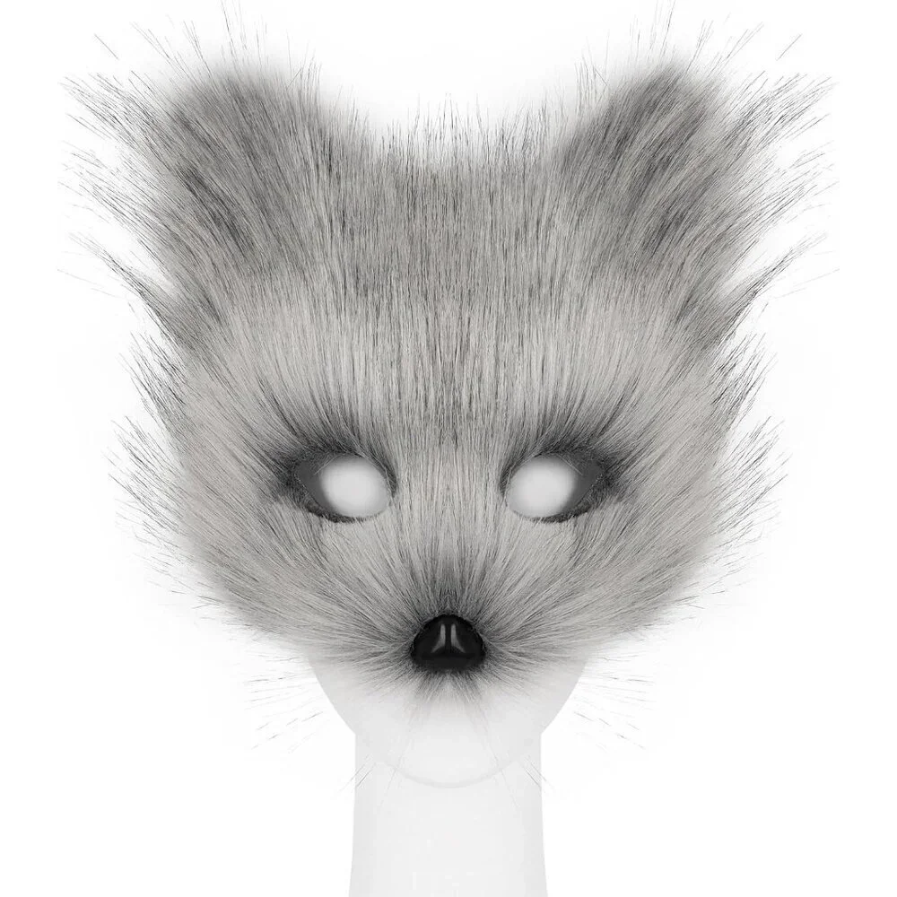 Furry Cat Fox Mask Tail Paws Gloves Set Costume Accessories for Halloween